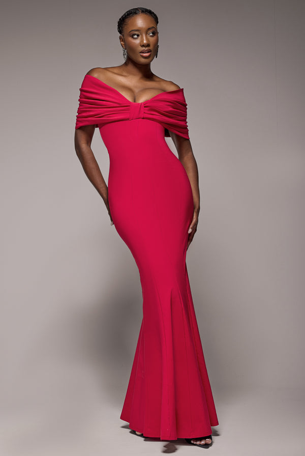 Goddiva Bardot Bow Neck Maxi Dress - Red By Goddiva