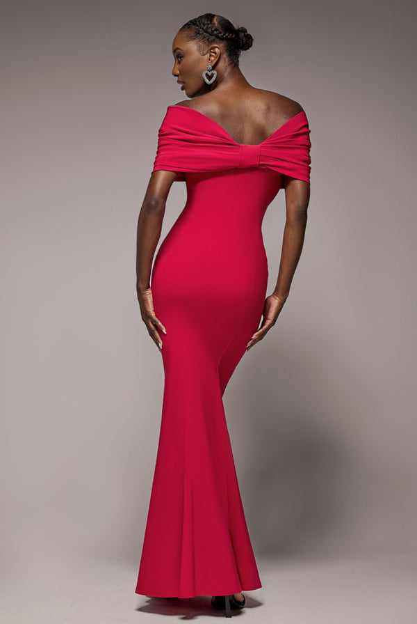 Goddiva Bardot Bow Neck Maxi Dress - Red By Goddiva