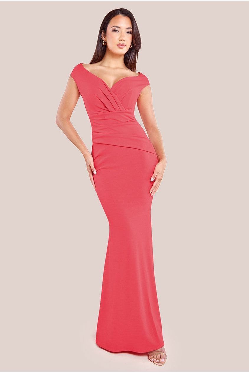 goddiva Bardot Pleated Maxi Dress - Coral by Goddiva
