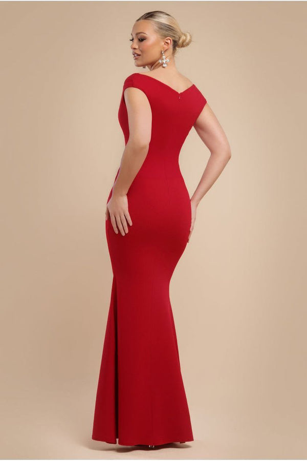 Goddiva Bardot Pleated Maxi Dress - Red By Goddiva