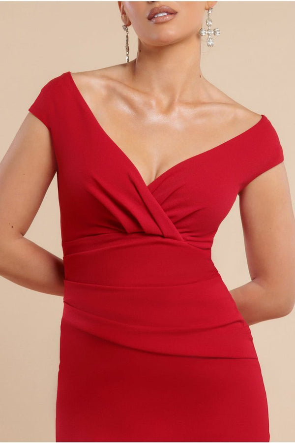 Goddiva Bardot Pleated Maxi Dress - Red By Goddiva