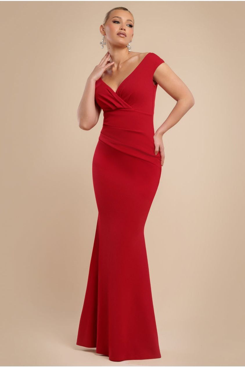 goddiva Bardot Pleated Maxi Dress - Red by Goddiva