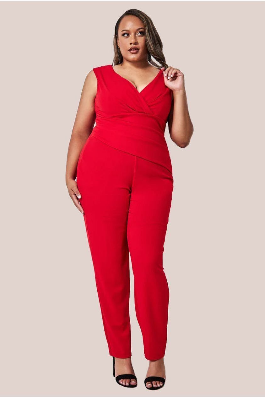 goddiva Bardot Scuba Jumpsuit - Red by Goddiva Plus
