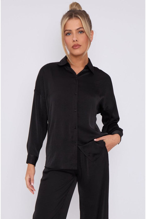 Goddiva Black Brushed Satin Shirt By LOVE SUNSHINE