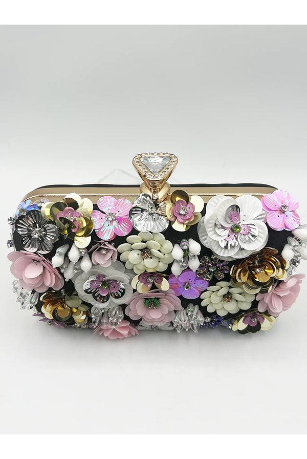 Goddiva Black Floral Applique Clutch Bag By SVNX