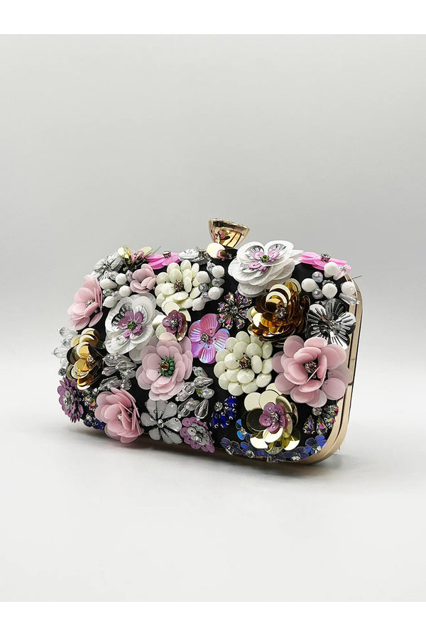 Goddiva Black Floral Applique Clutch Bag By SVNX