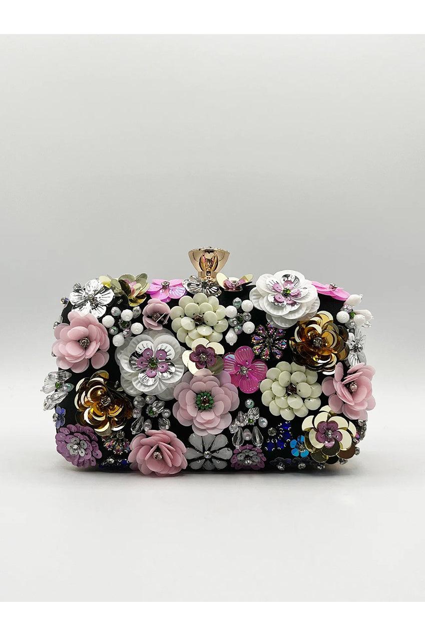 goddiva Black Floral Applique Clutch Bag by SVNX