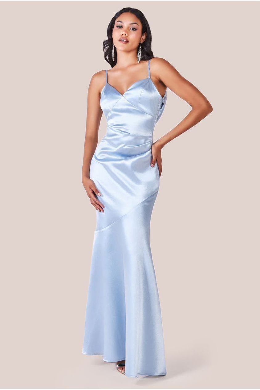 goddiva Cowl Back Satin Maxi Dress - Blue by Goddiva