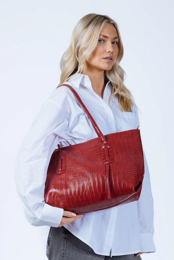 Goddiva Croc Patent Tote Bag In Dark Red By SVNX