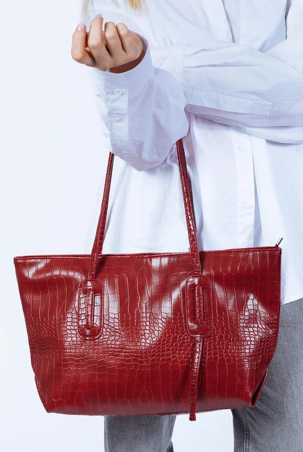 Goddiva Croc Patent Tote Bag In Dark Red By SVNX