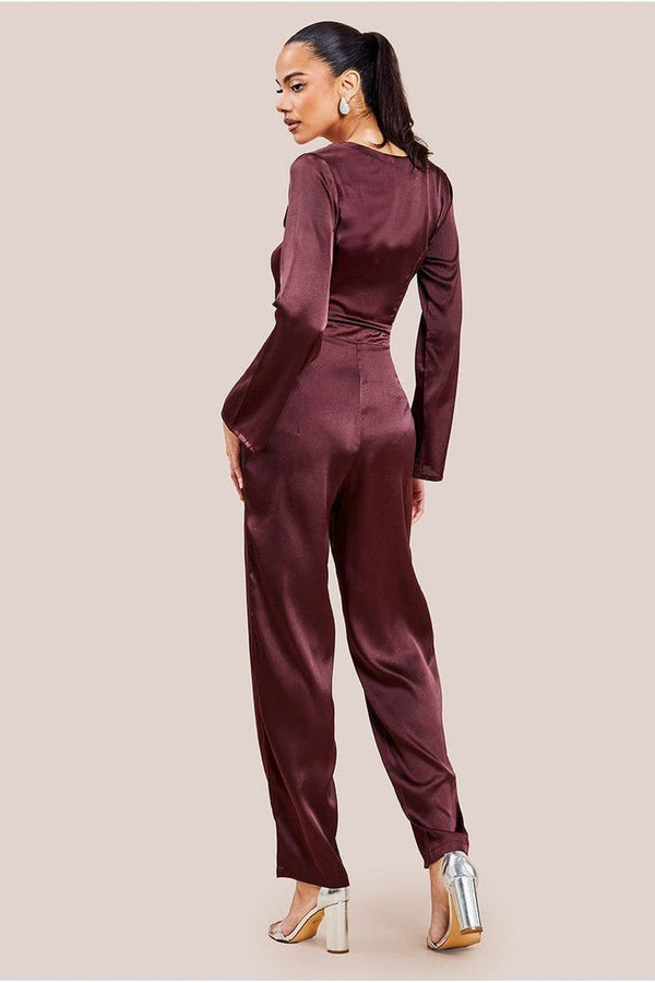 Goddiva Cut Out Satin Jumpsuit - Brown By Goddiva