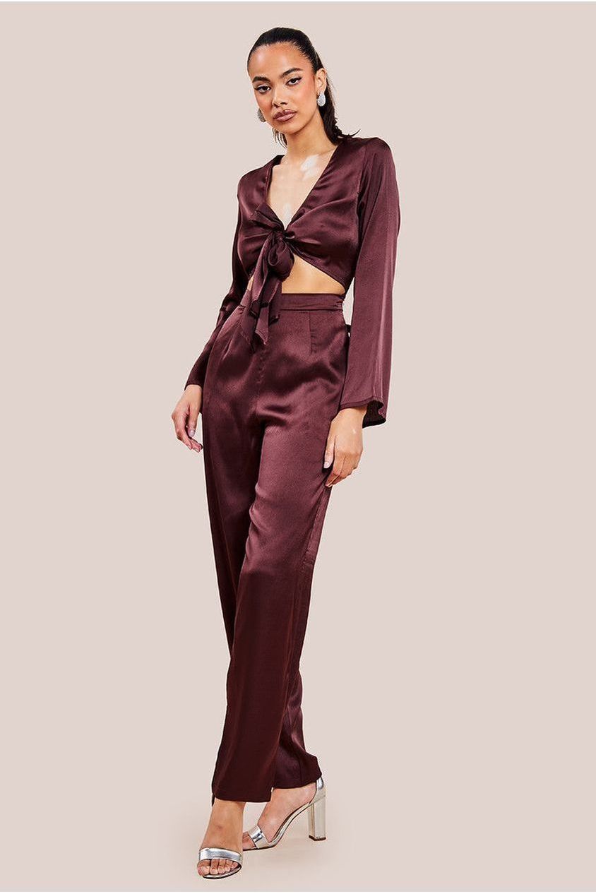 goddiva Cut Out Satin Jumpsuit - Brown by Goddiva
