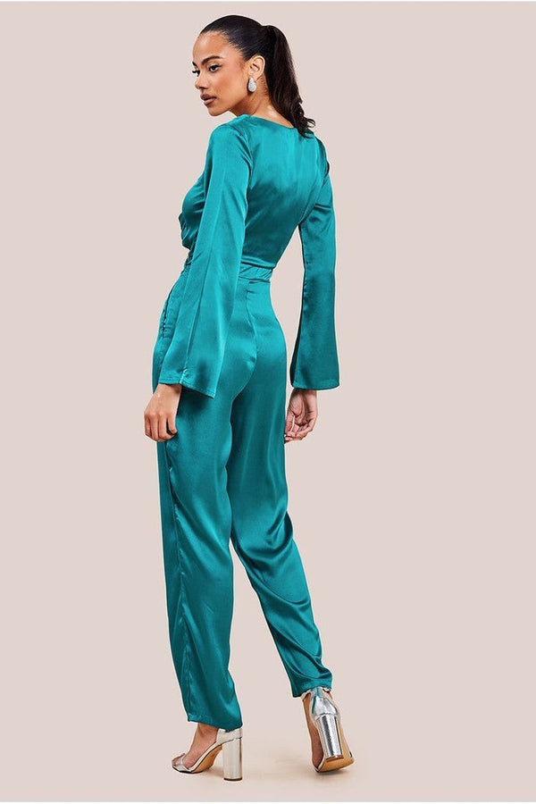 Goddiva Cut Out Satin Jumpsuit - Emerald By Goddiva