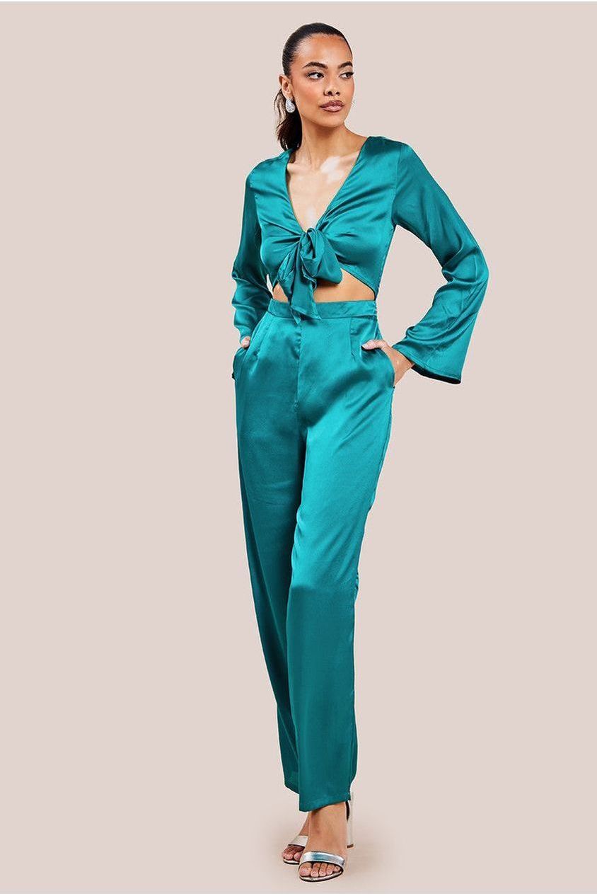 goddiva Cut Out Satin Jumpsuit - Emerald by Goddiva