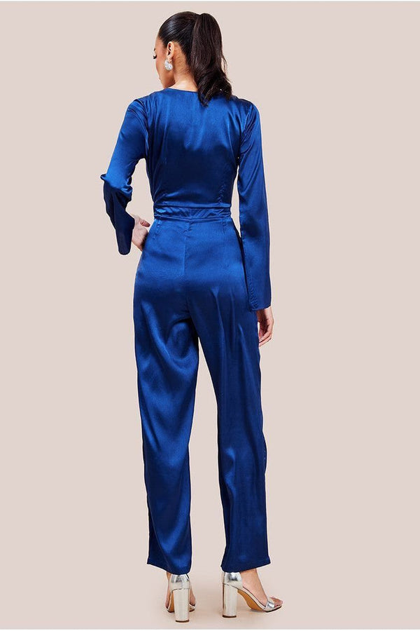 Goddiva Cut Out Satin Jumpsuit - Navy By Goddiva