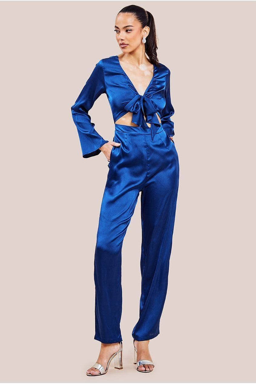 goddiva Cut Out Satin Jumpsuit - Navy by Goddiva