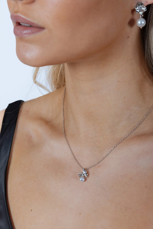 Goddiva Dainty Bow Pearl Pendant Necklace By SVNX