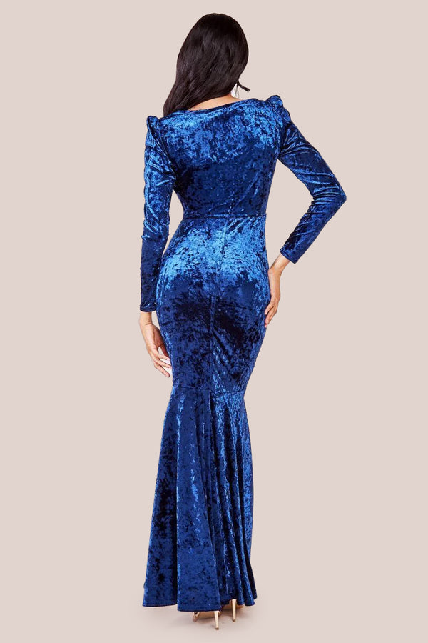 Goddiva Flared Hem Ice Velvet Maxi - Navy By Goddiva