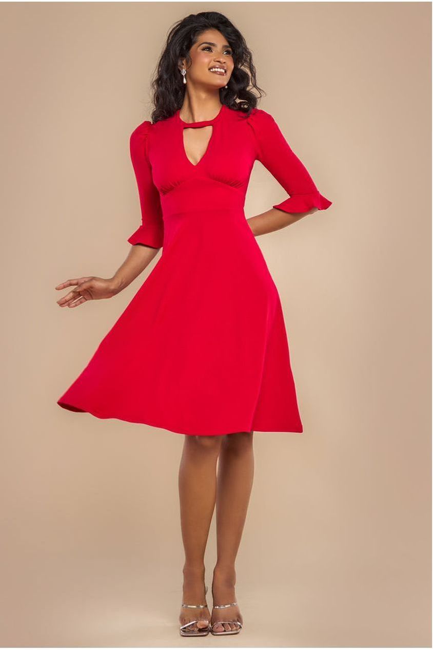 goddiva Flared Sleeve Midi Dress - Red by Goddiva
