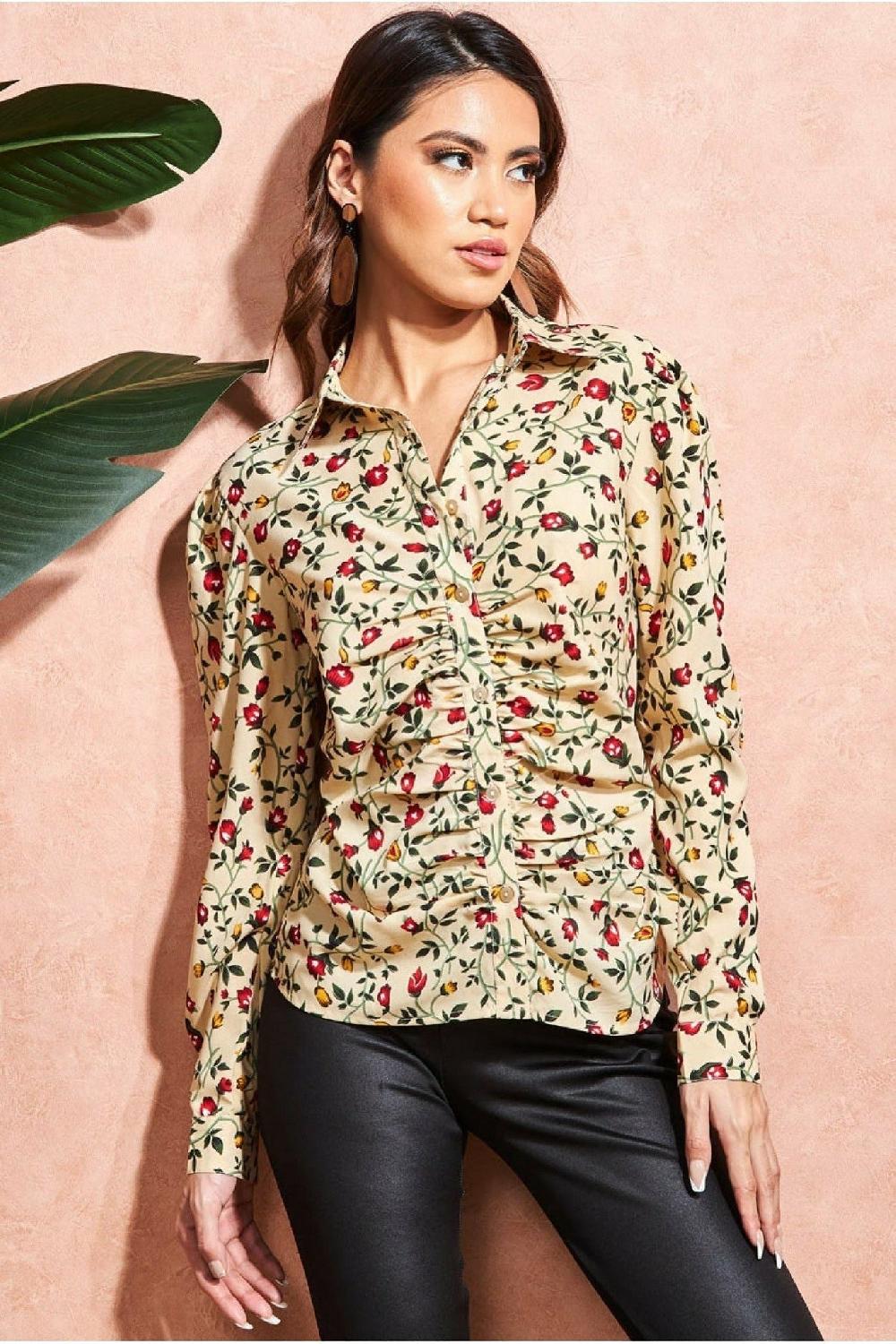goddiva Floral Print Shirt - Beige by City Goddess