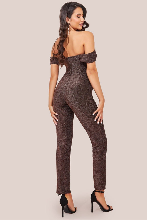 Goddiva Lurex Cowl Neck Jumpsuit - Bronze By Goddiva