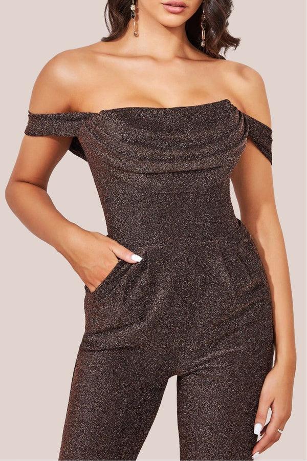 Goddiva Lurex Cowl Neck Jumpsuit - Bronze By Goddiva