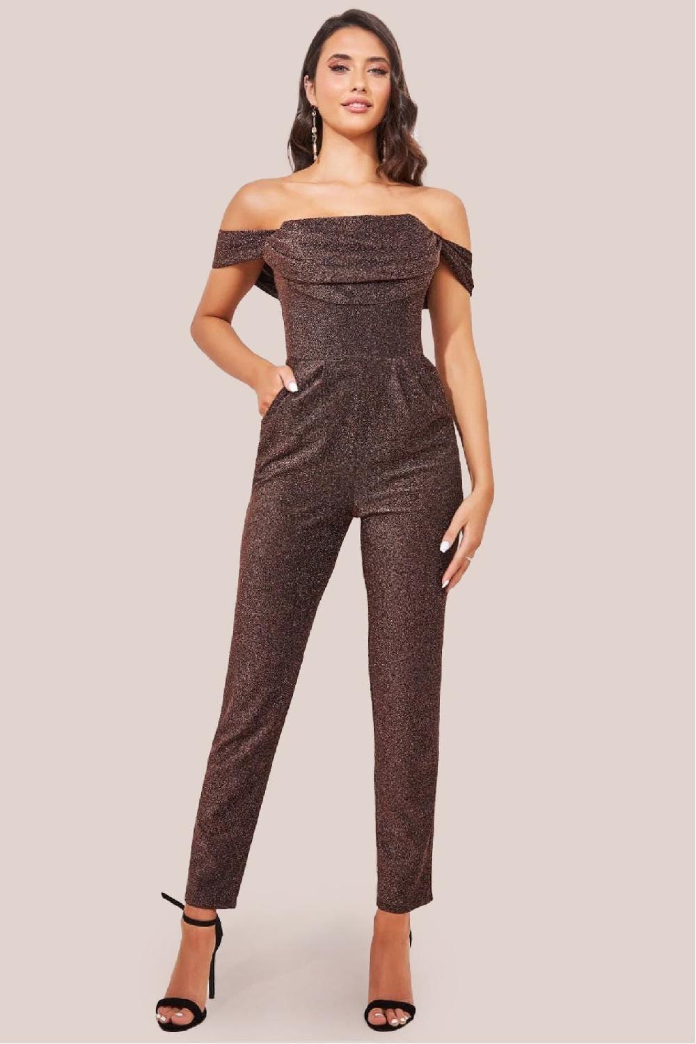 goddiva Lurex Cowl Neck Jumpsuit - Bronze by Goddiva