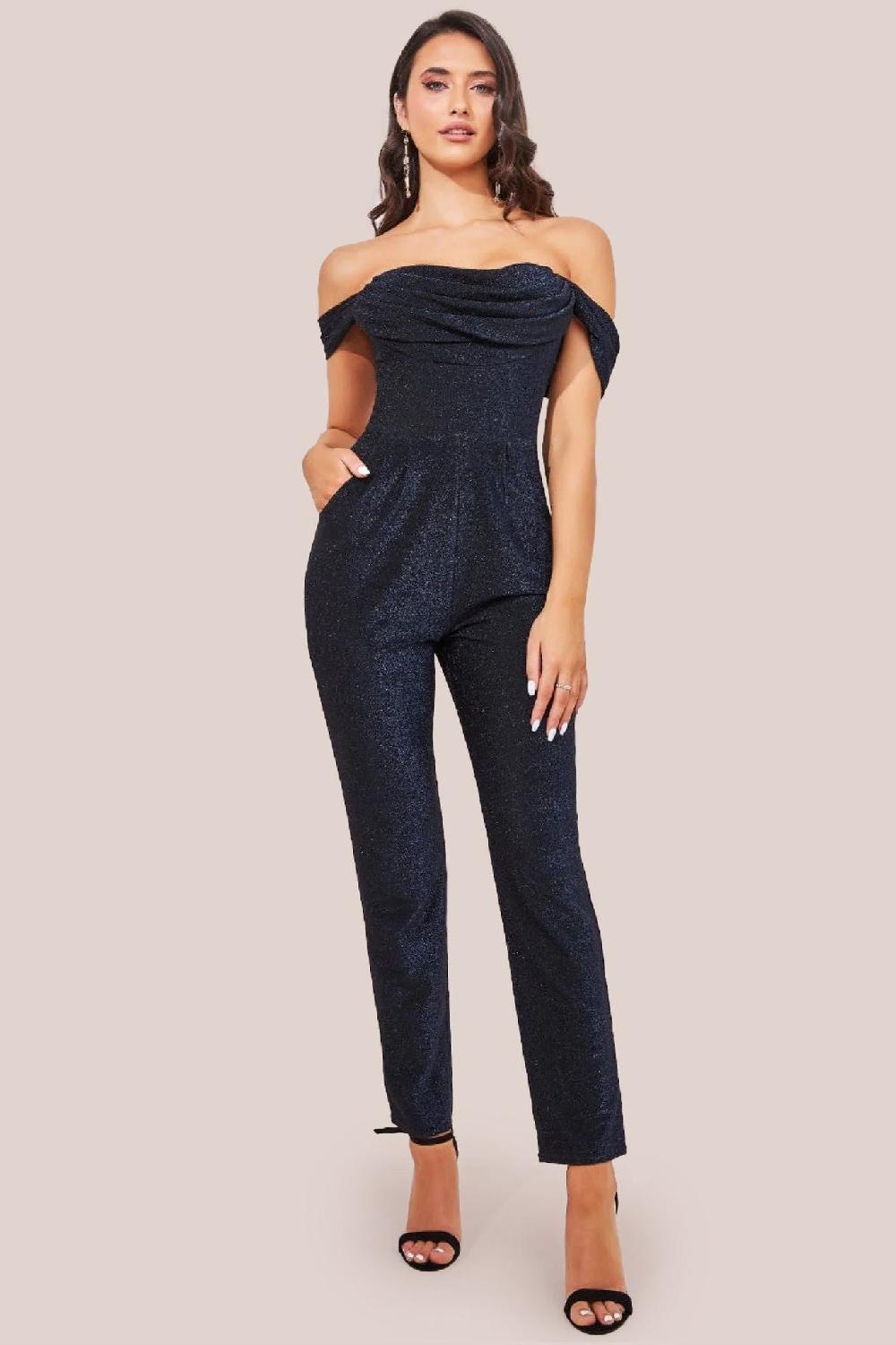 goddiva Lurex Cowl Neck Jumpsuit - Navy by Goddiva