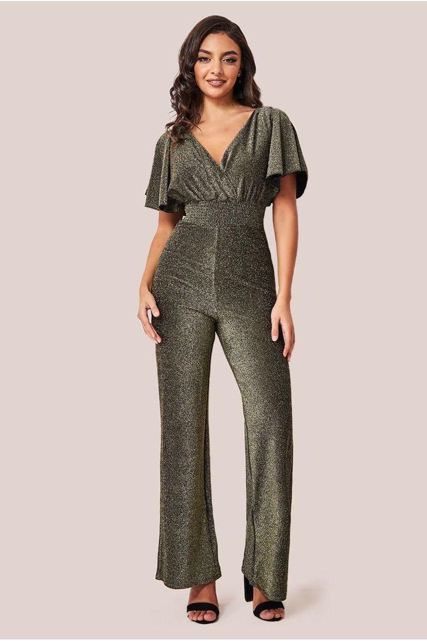 goddiva Lurex Wrap Style Jumpsuit - Gold by Goddiva