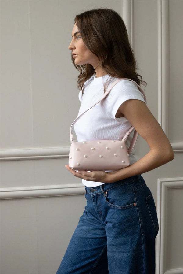 Goddiva Pink Shoulder Bag With Pearl Studs By SVNX