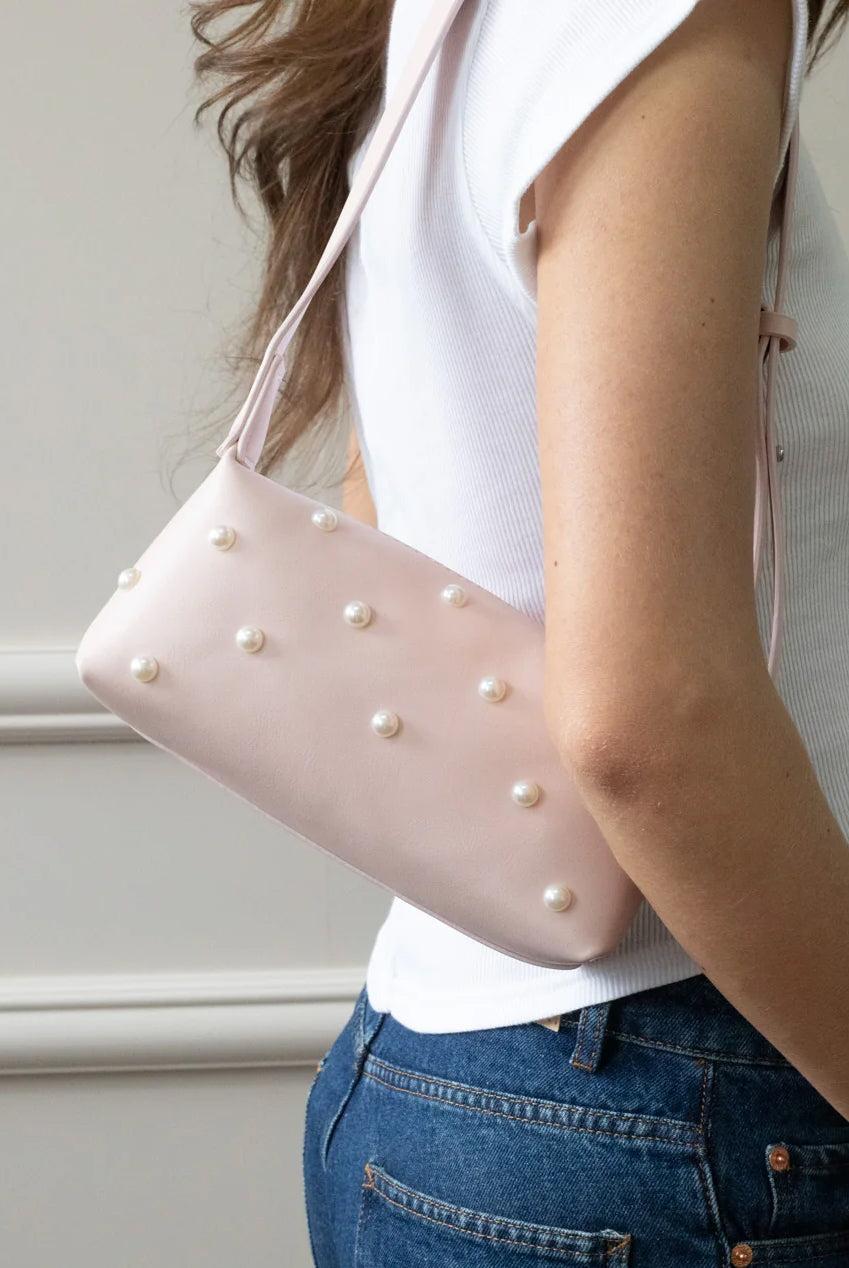 goddiva Pink Shoulder Bag With Pearl Studs by SVNX