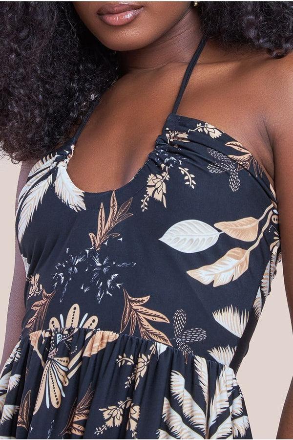 Goddiva Printed Tie Back Maxi - Black By Goddiva