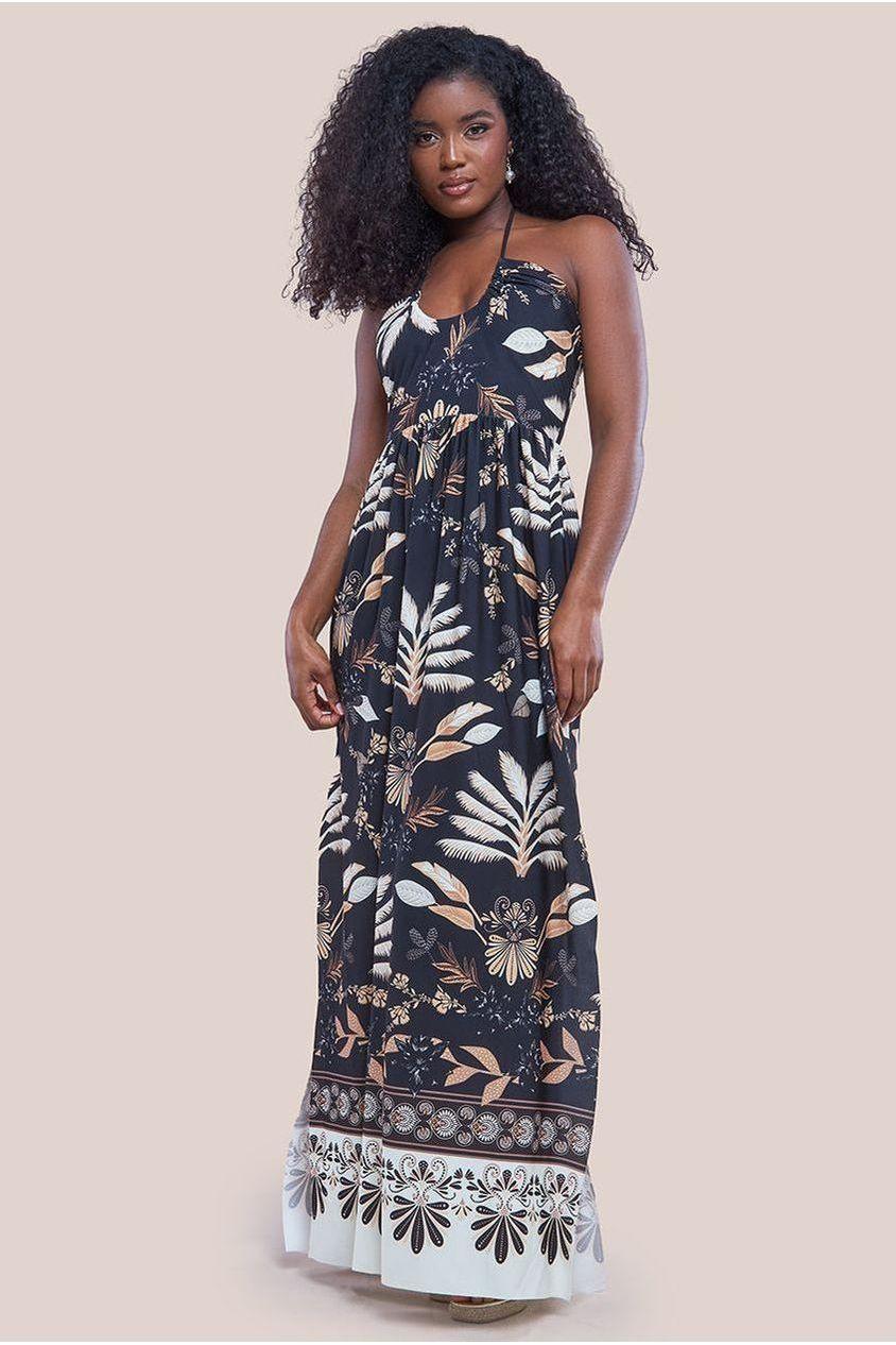 goddiva Printed Tie Back Maxi - Black by Goddiva