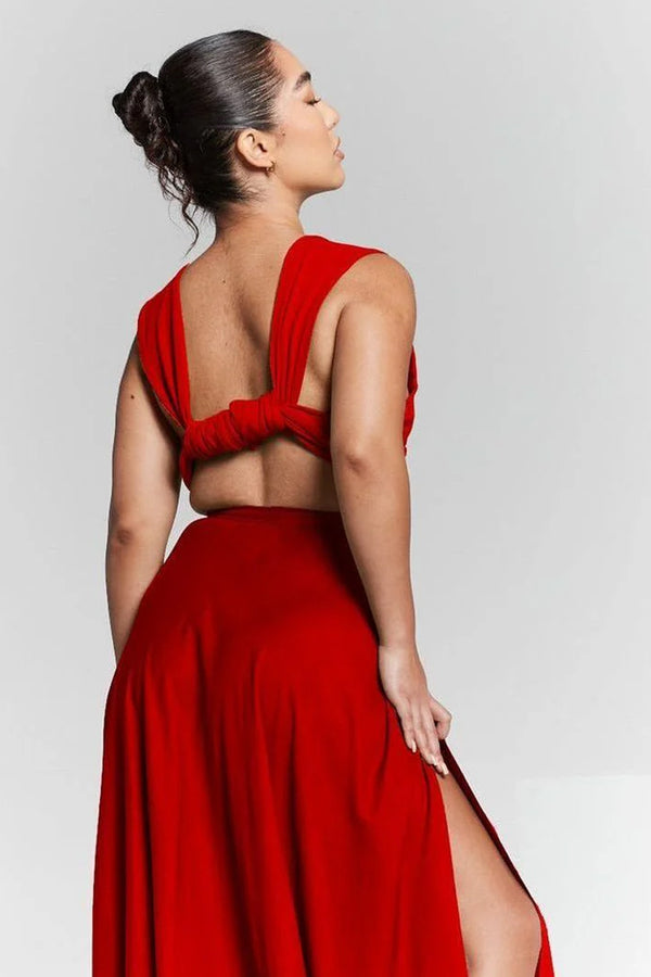 Goddiva Red Flared Split Maxi Skirt By InFlair