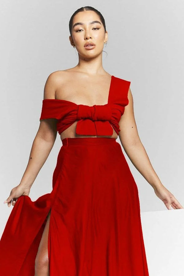 Goddiva Red Flared Split Maxi Skirt By InFlair