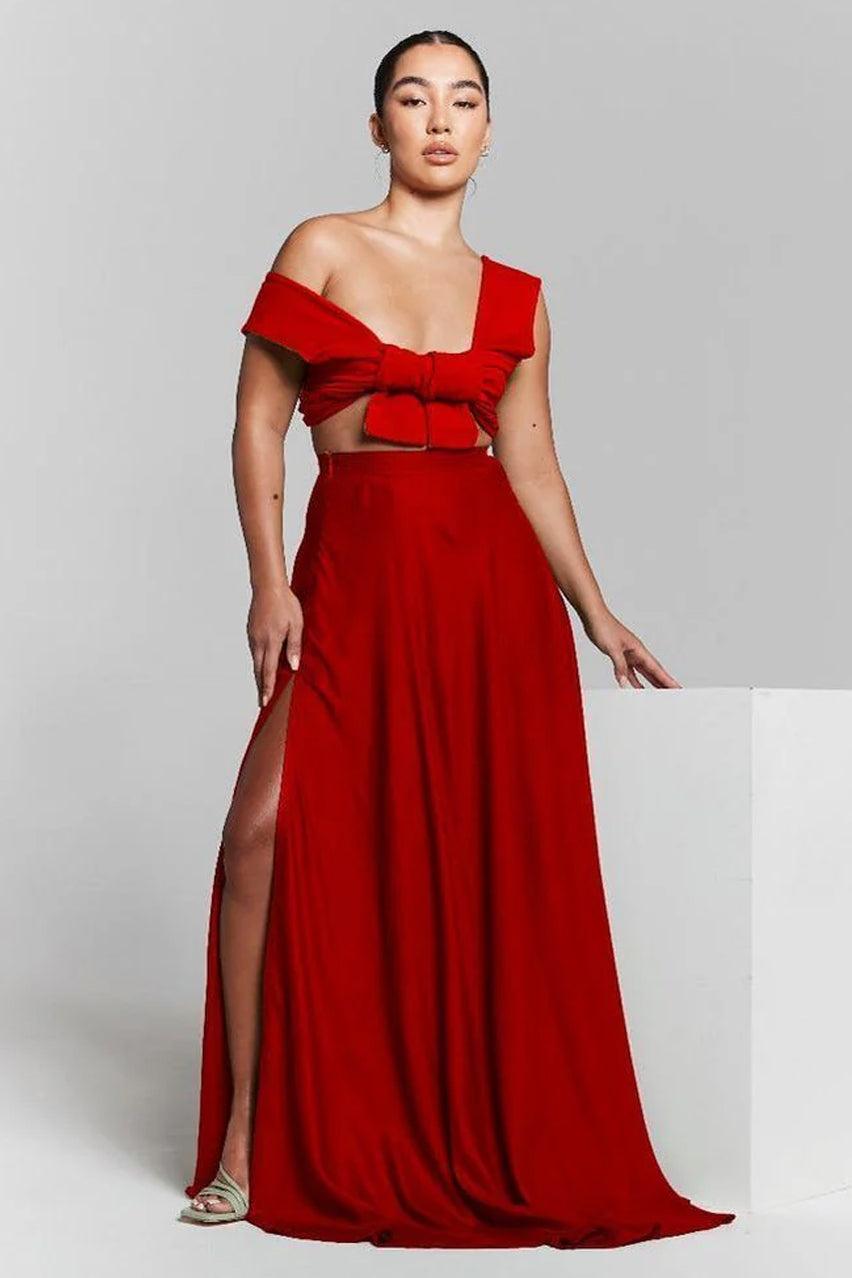 goddiva Red Flared Split Maxi Skirt by InFlair
