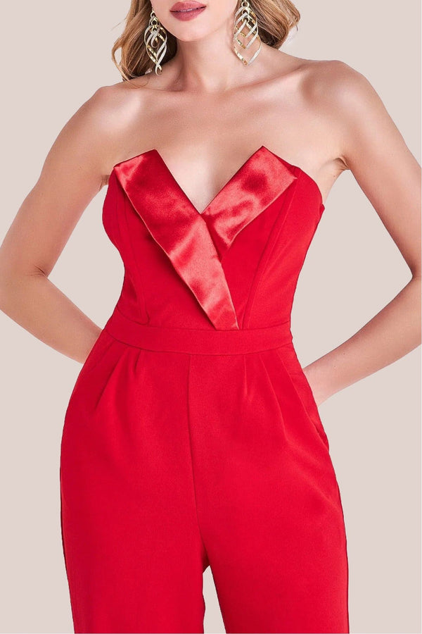 Goddiva Satin Collar Scuba Jumpsuit - Red By Goddiva