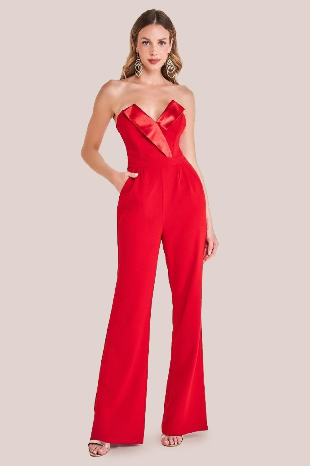 goddiva Satin Collar Scuba Jumpsuit - Red by Goddiva
