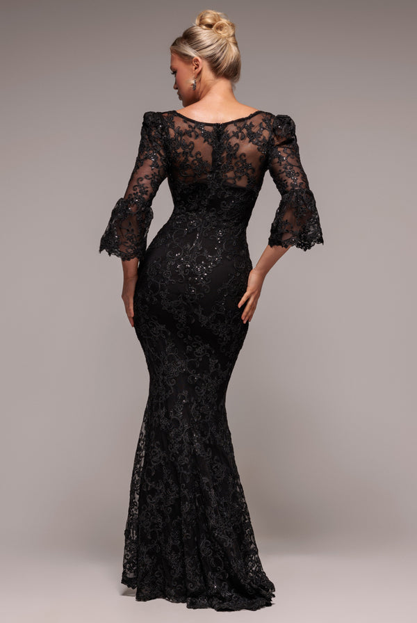 Goddiva Scalloped Lace Maxi Dress - Black By Goddiva