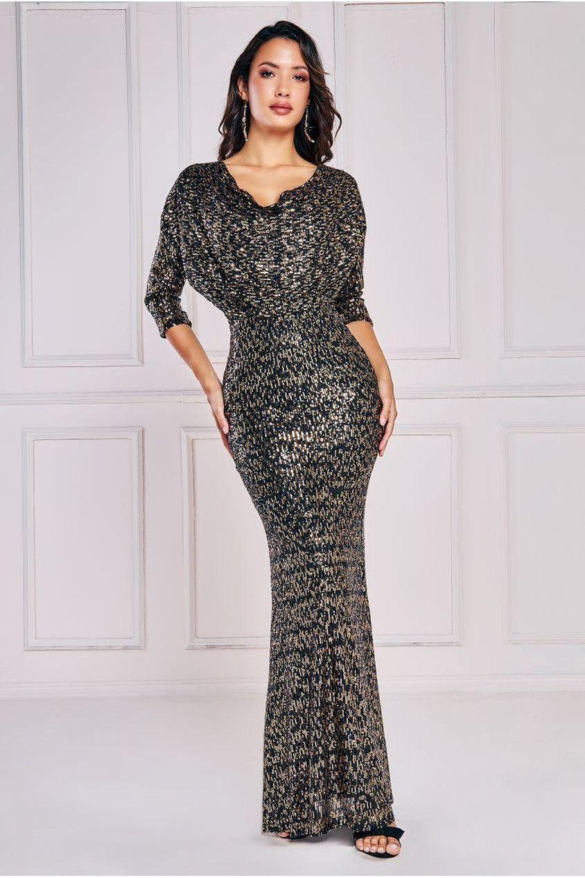 goddiva Sequin Cowl Maxi Dress - Black by Goddiva