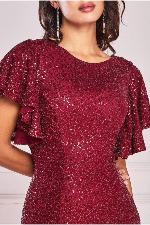 Goddiva Sequin Flutter Sleeve Maxi - Wine By Goddiva