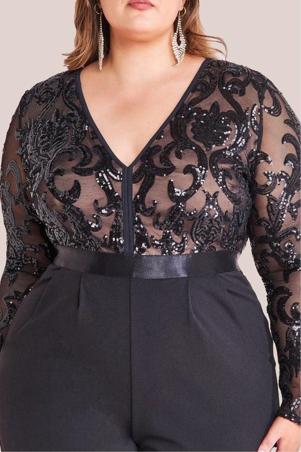 Goddiva Sequin Mesh Jumpsuit - Black By Goddiva Plus