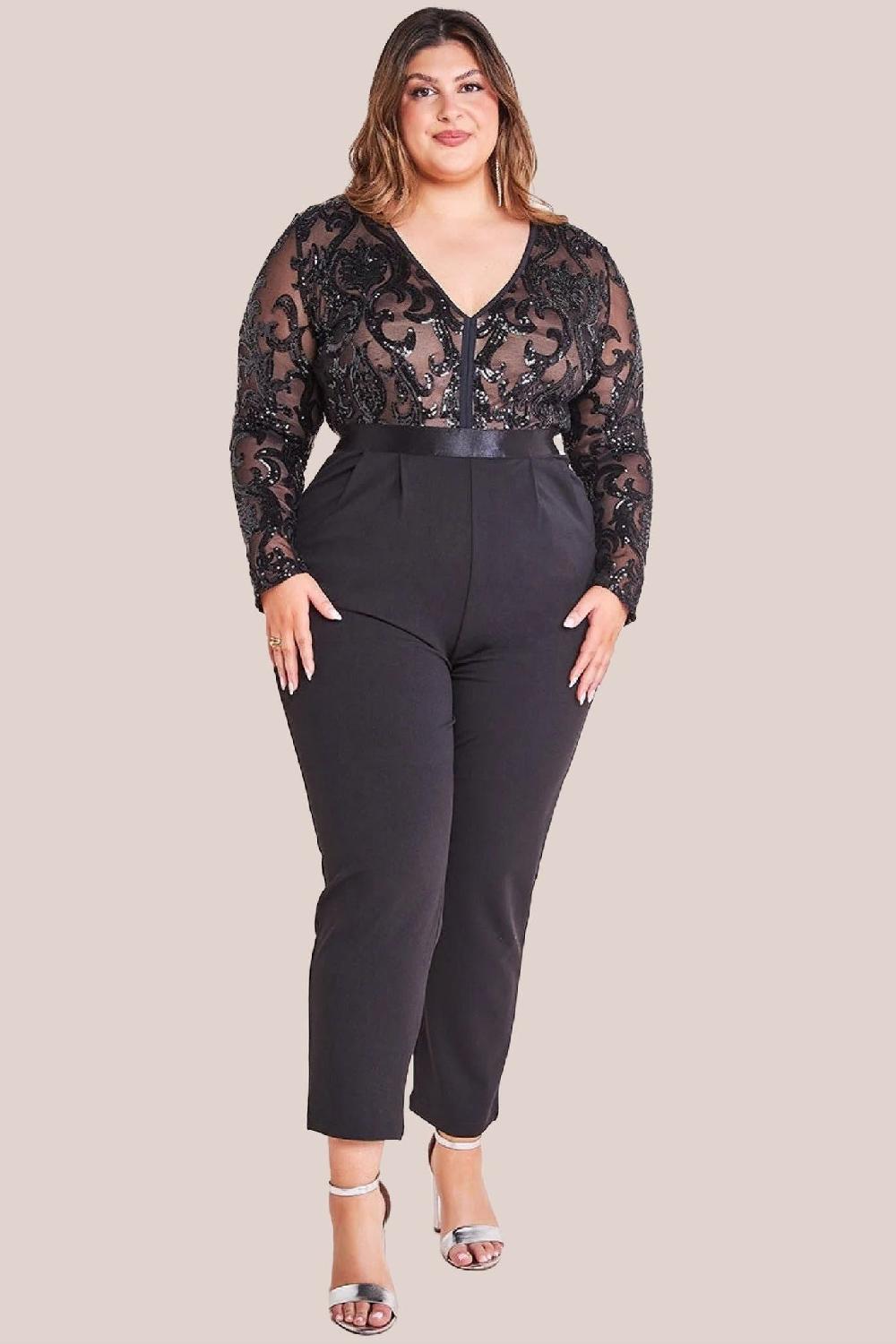 goddiva Sequin Mesh Jumpsuit - Black by Goddiva Plus