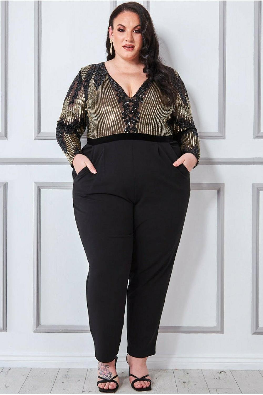 goddiva Sequin & Mesh Jumpsuit - Black by Goddiva Plus