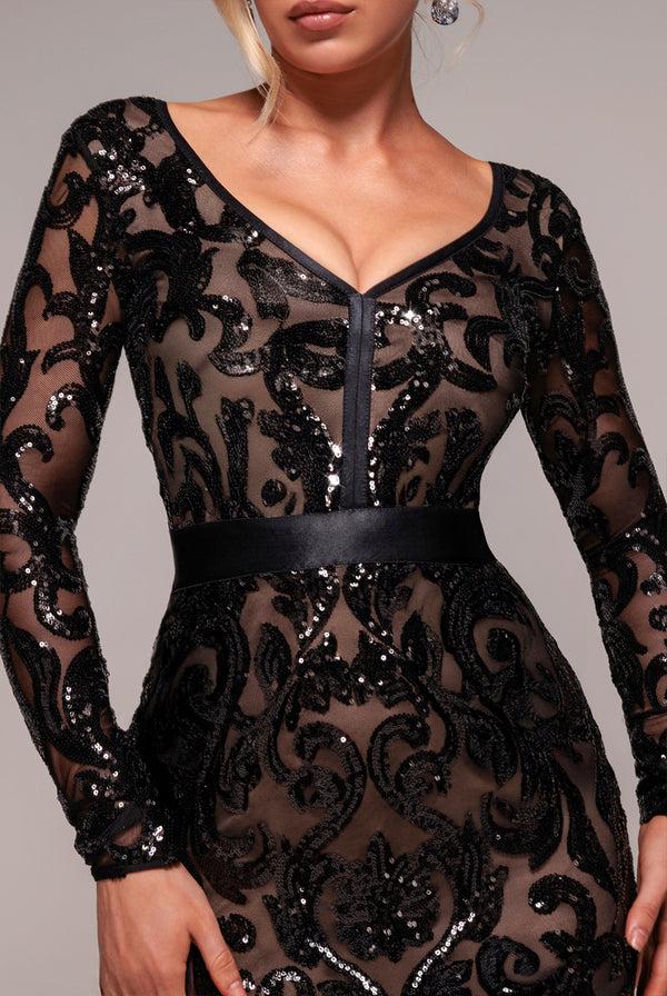 Goddiva Sequin & Mesh Midi Dress - Black By Goddiva