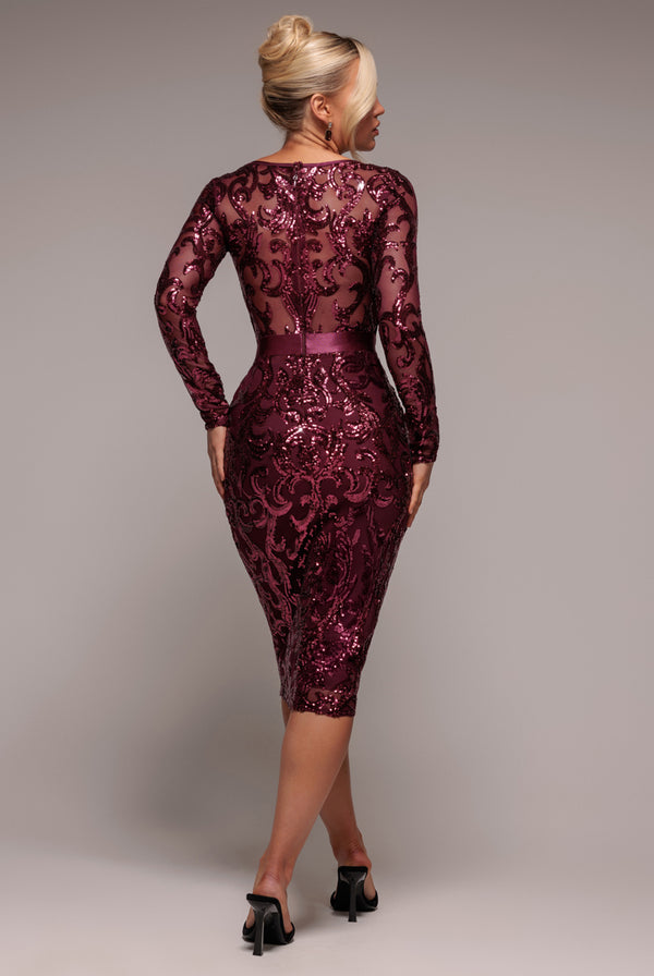 Goddiva Sequin & Mesh Midi Dress - Burgundy By Goddiva