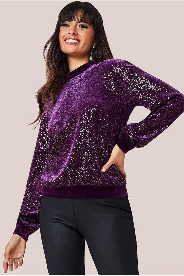 Goddiva Sequin Velvet Jumper - Magenta By Goddiva