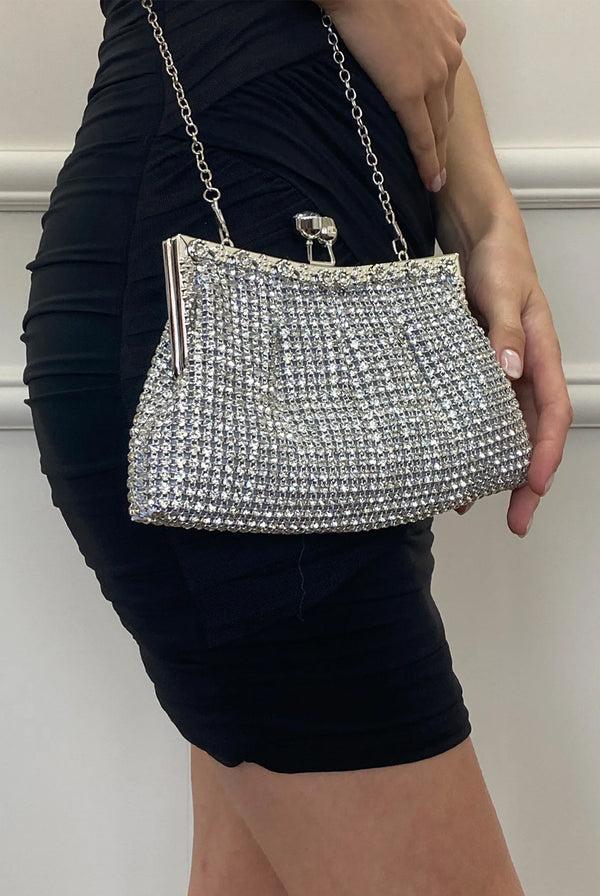 Goddiva Silver Crystal Clutch Bag By SVNX
