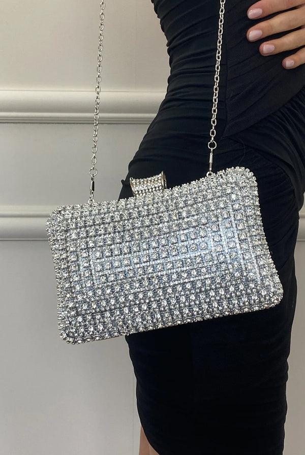 Goddiva Silver Diamante Clutch Bag By SVNX