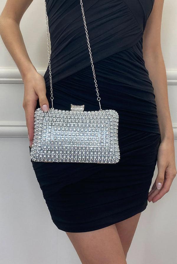 Goddiva Silver Diamante Clutch Bag By SVNX